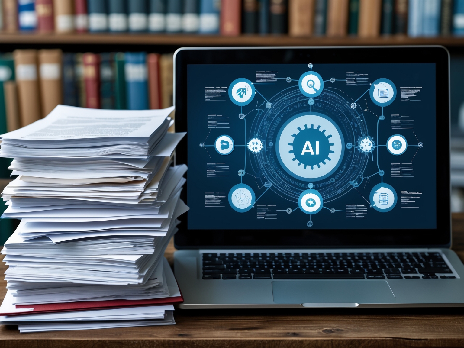 Stack of research papers and a laptop displaying AI algorithms