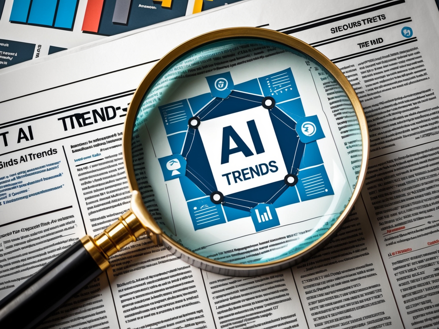 Magnifying glass over a newspaper article about AI trends