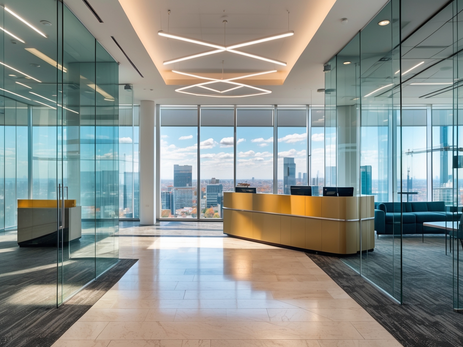 Modern office reception area with glass walls and city view