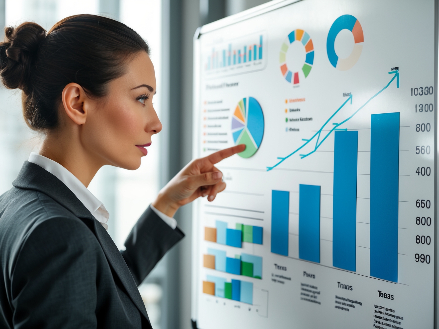 Female strategist pointing at a business chart on a whiteboard