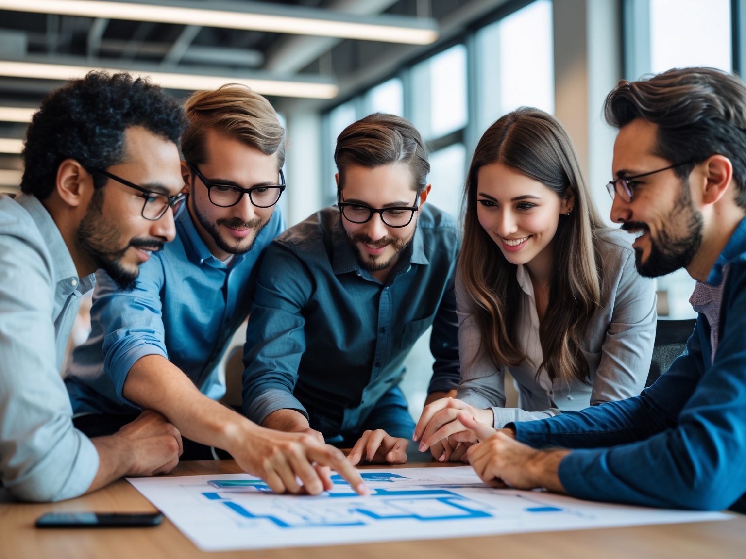 Diverse group of tech experts collaborating on a project in an open office