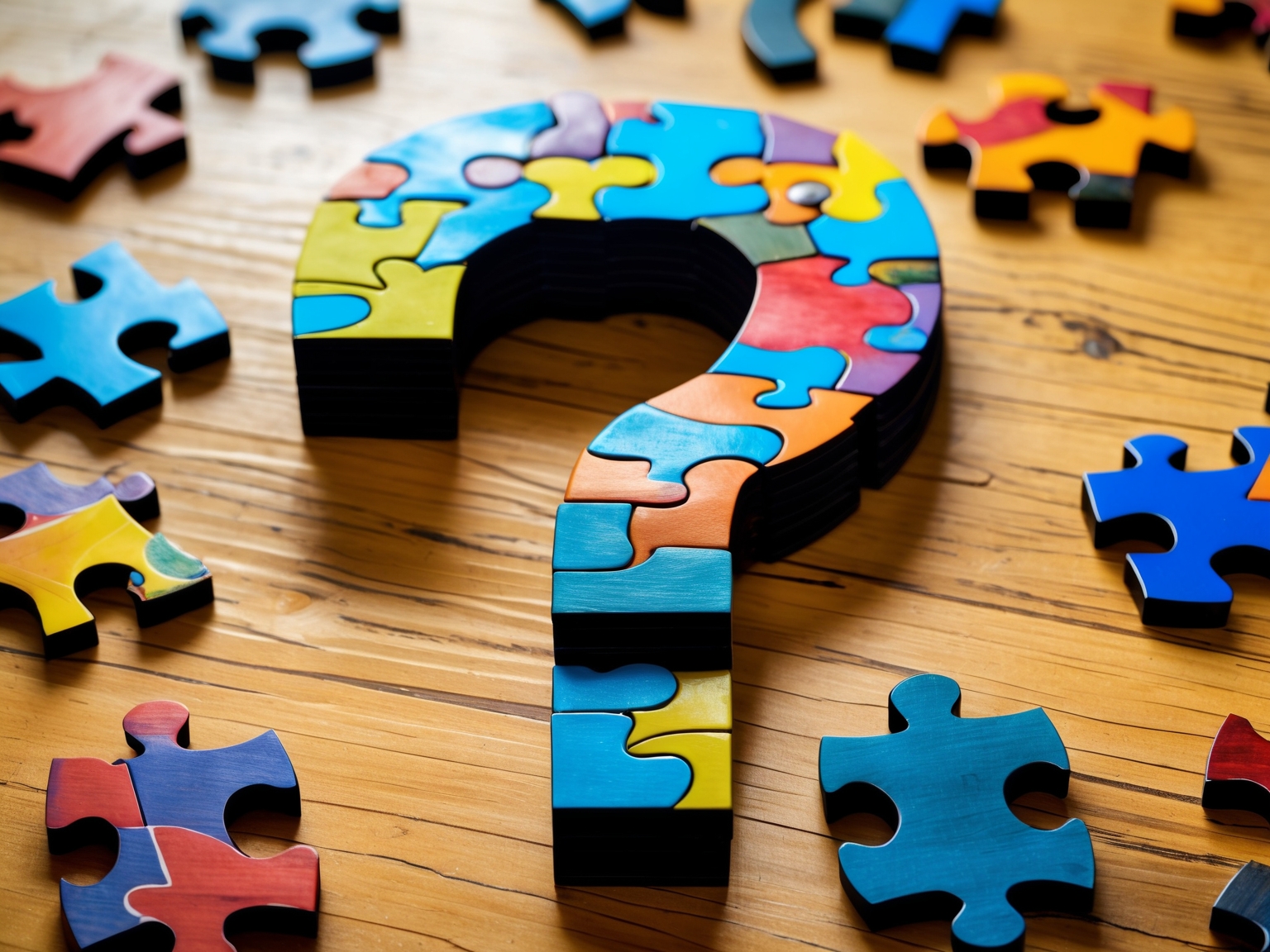 Question mark made from puzzle pieces on a desk