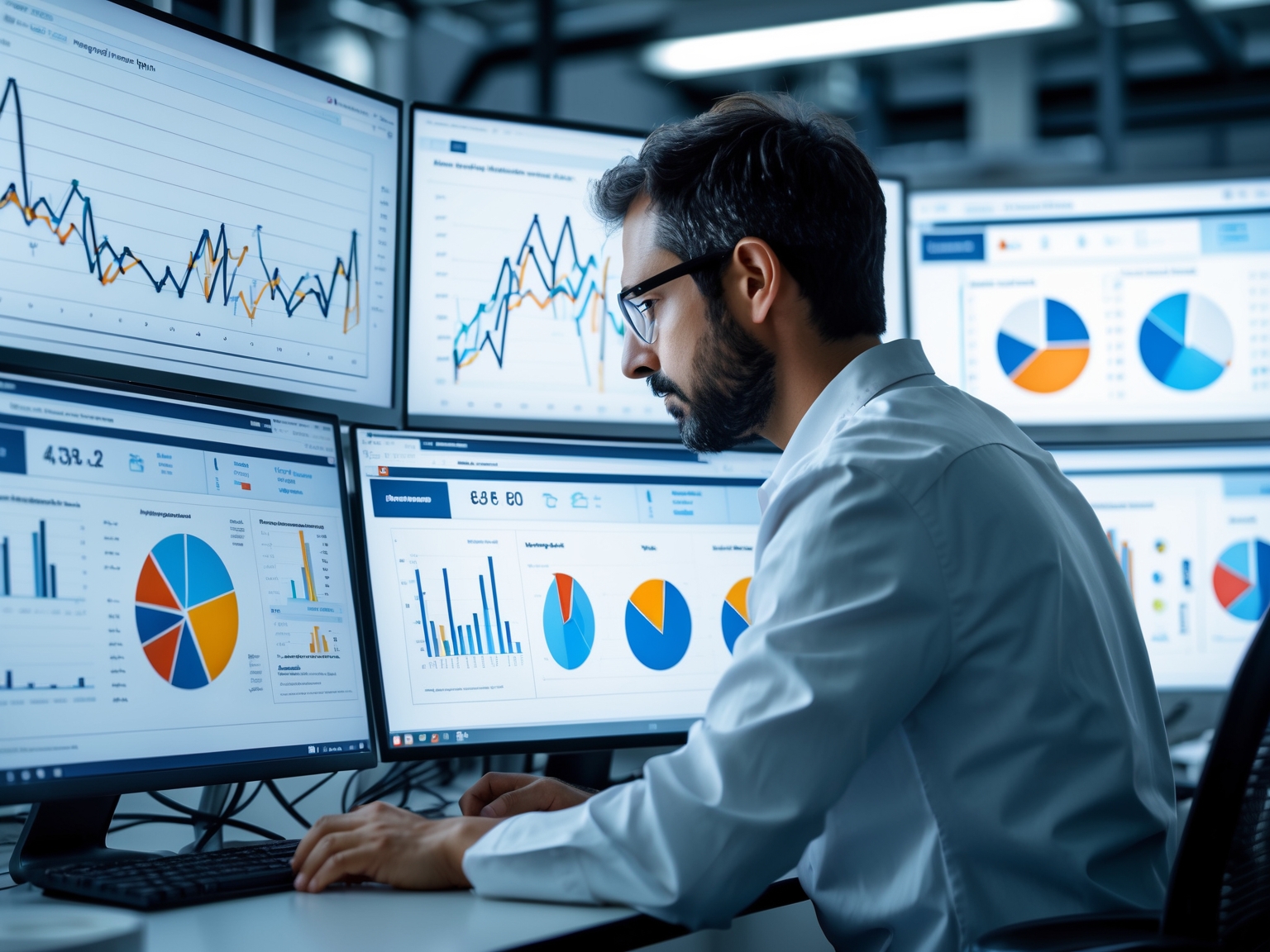 Data scientist analyzing charts on multiple screens in a tech lab
