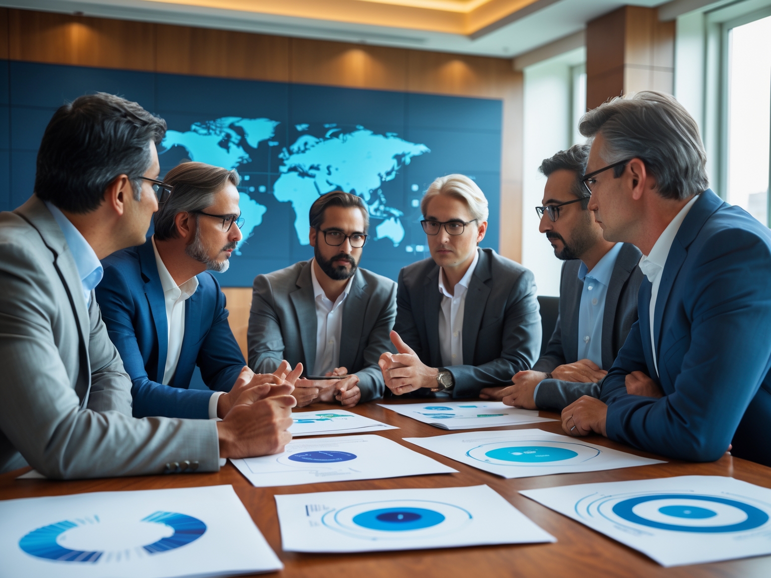Executives discussing AI strategy papers and prototypes in a boardroom