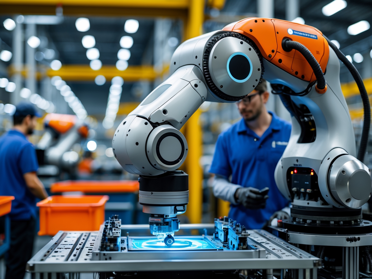 Industrial robots working alongside human workers in a manufacturing plant