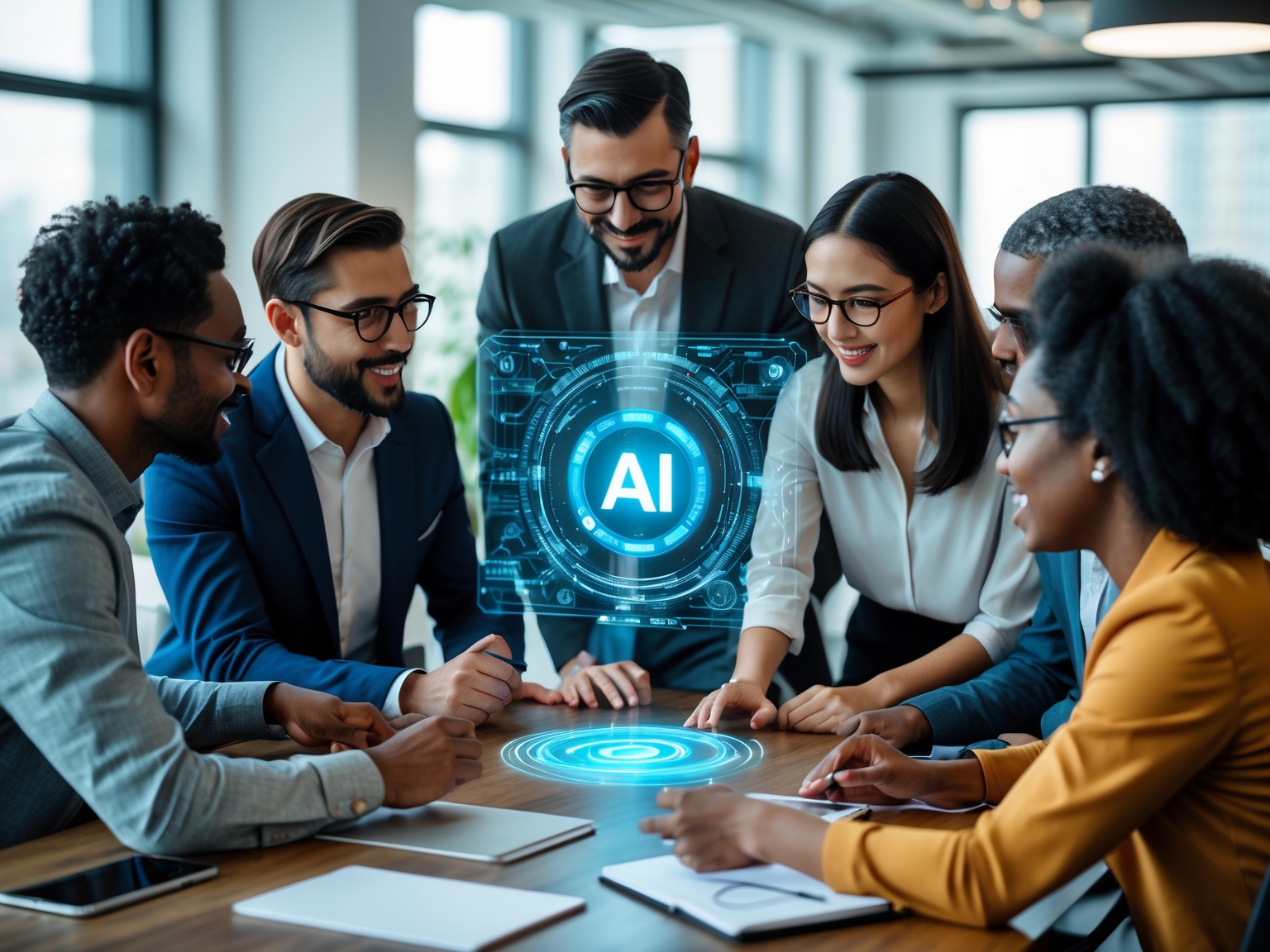 Diverse team collaborating around a holographic AI interface in a modern office setting