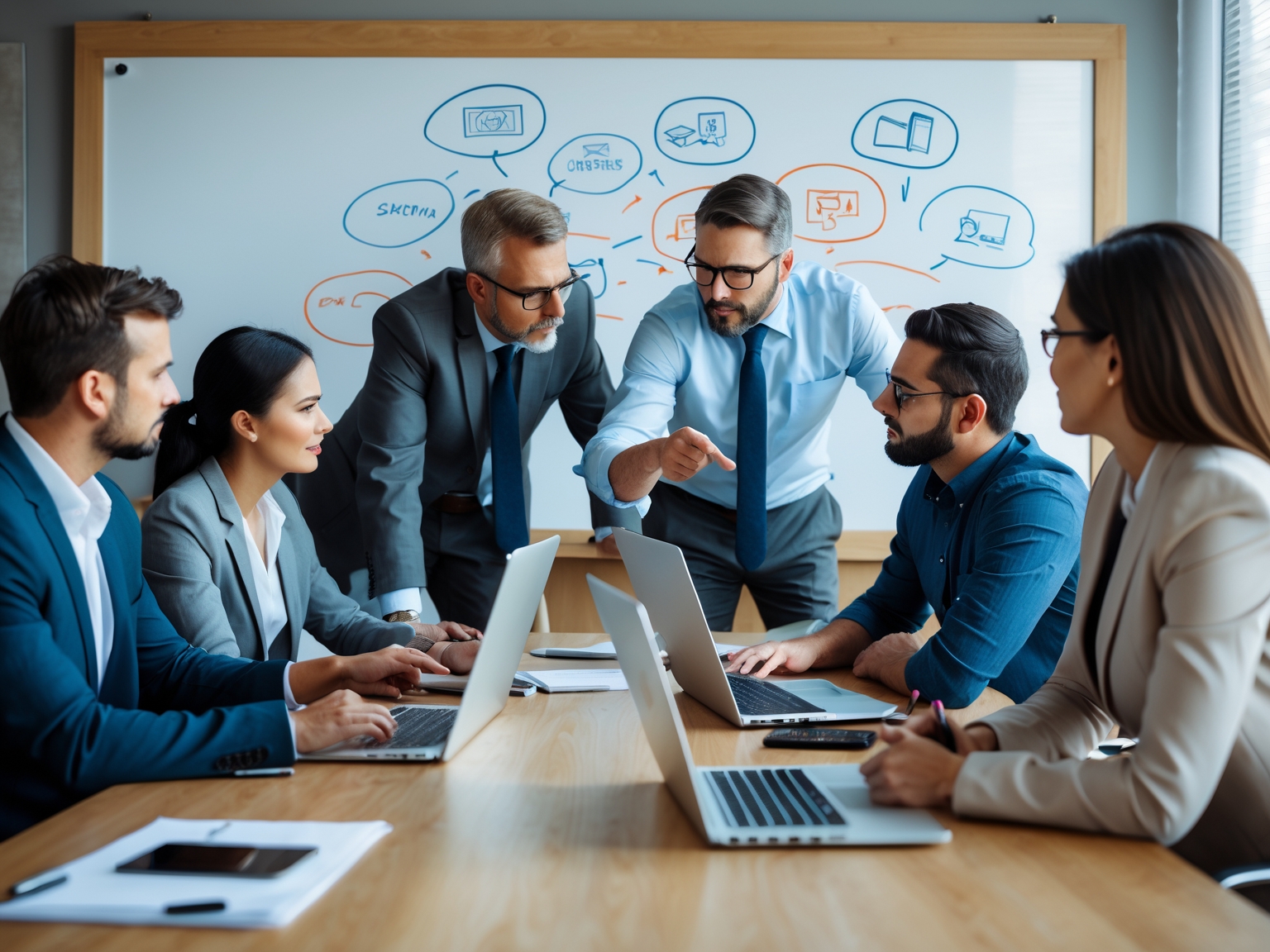Professionals brainstorming ideas around a conference table with laptops and whiteboards